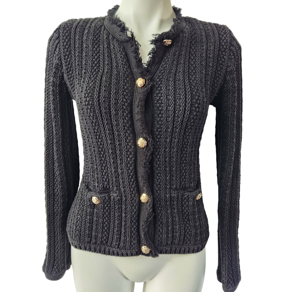 Express Black Knit Cardigan Old Money style Gold Button Womens size Small Cotton - Picture 3 of 9